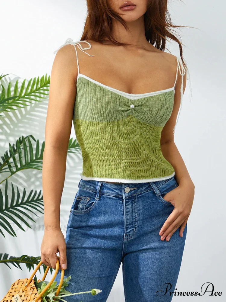 Knitted Contrast Lace-up Spaghetti Strap 90s Crop Top - Image 4