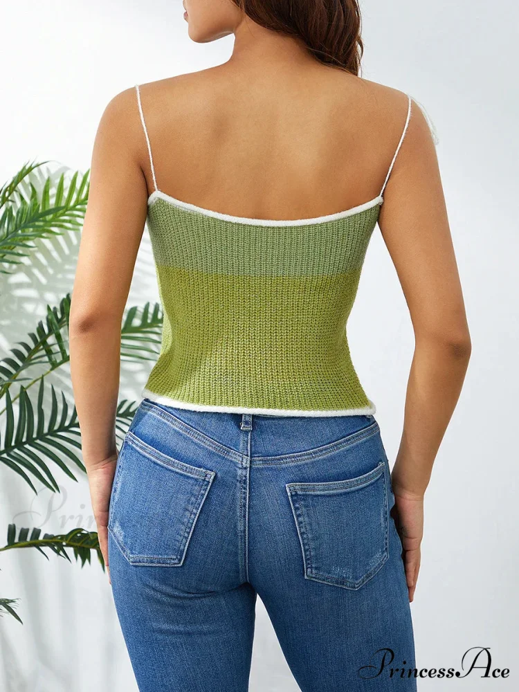 Knitted Contrast Lace-up Spaghetti Strap 90s Crop Top - Image 5