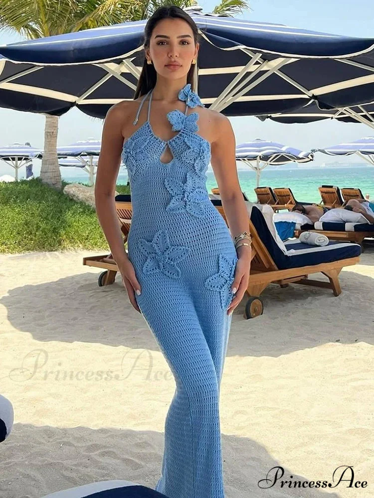 Knitted Halter Azure 3D Blooms Holiday Dress - Image 2