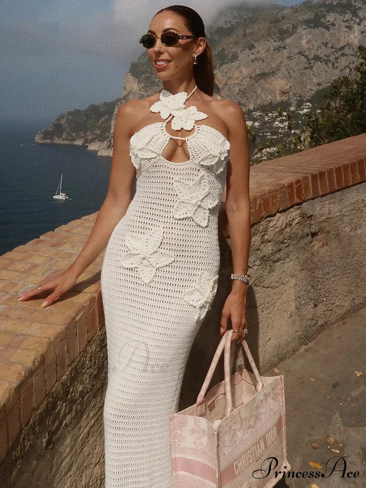 Knitted Halter Azure 3D Blooms Holiday Dress - Image 3