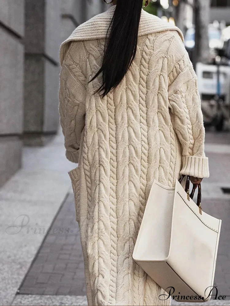 Knitted Ivory Lapel Woolen Dual Pocket Overcoat - Image 3