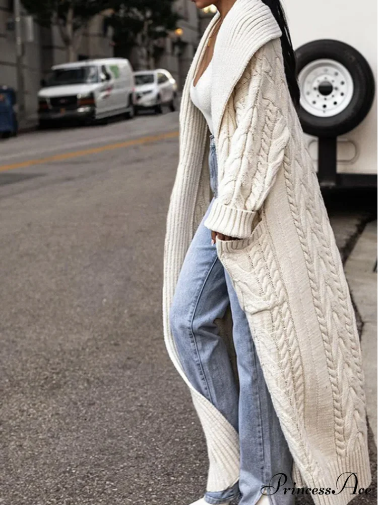 Knitted Ivory Lapel Woolen Dual Pocket Overcoat - Image 4