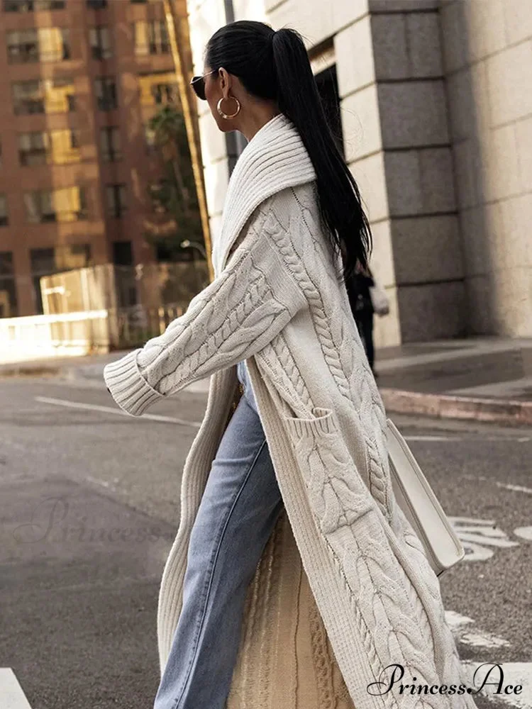 Knitted Ivory Lapel Woolen Dual Pocket Overcoat - Image 5