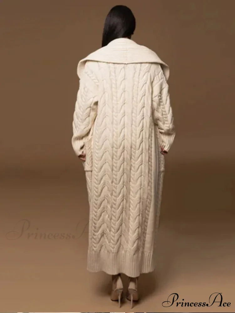 Knitted Ivory Lapel Woolen Dual Pocket Overcoat - Image 6