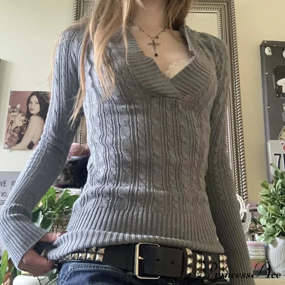 Knitted Narrow Fit Hooded Sweater Lengthy Sleeve V Neck Women