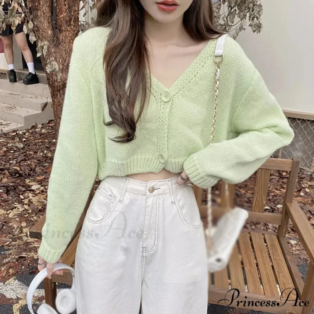 Knitted Shortened Korean V-Neck Y2K Cardigan - Image 2