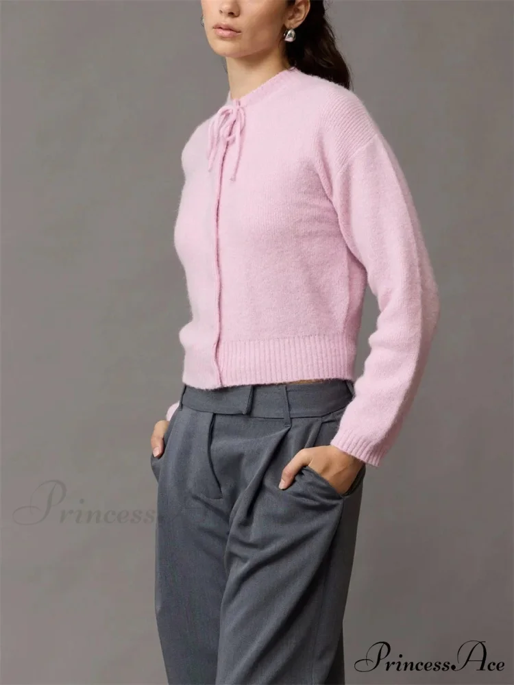 Knotted Button Plain Knit Cardigan - Image 3
