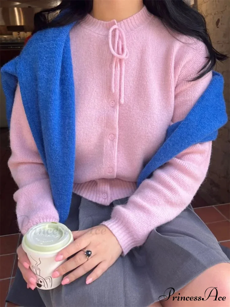 Knotted Button Plain Knit Cardigan - Image 4