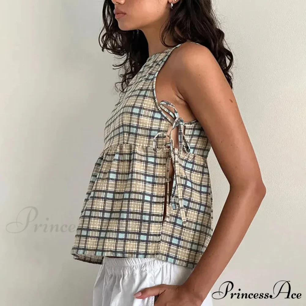 Knotted Peplum Checkered Crop Top - Image 2