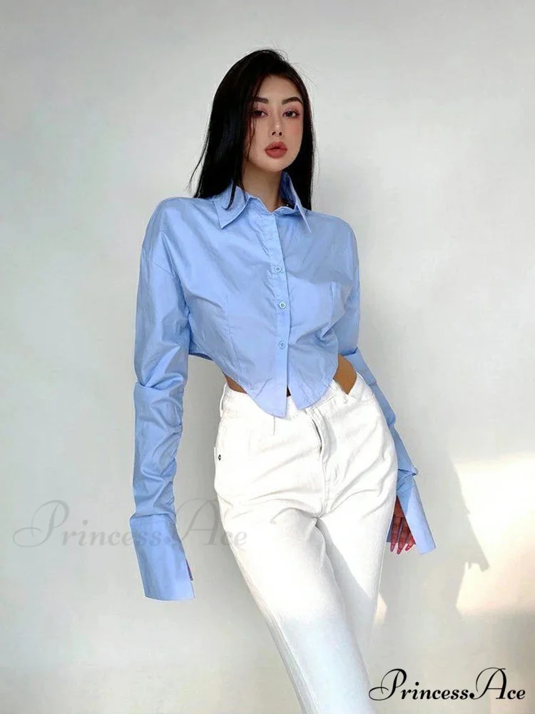 Korean Fashion Long Sleeve Button Crop Blouse - Image 2