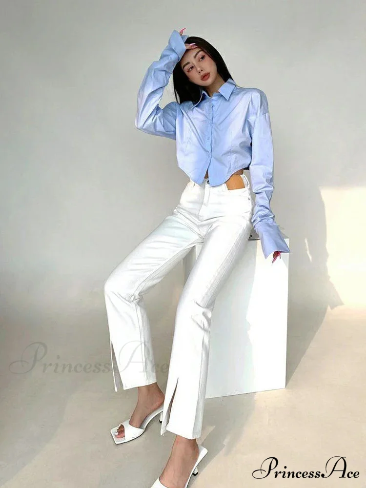 Korean Fashion Long Sleeve Button Crop Blouse - Image 4