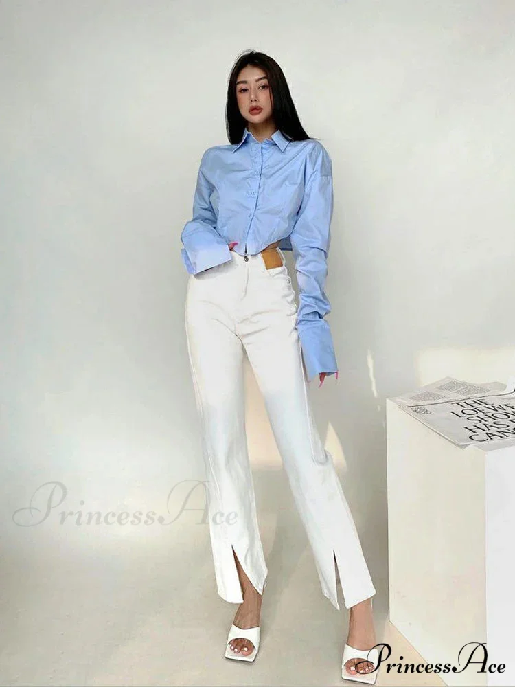 Korean Fashion Long Sleeve Button Crop Blouse - Image 5