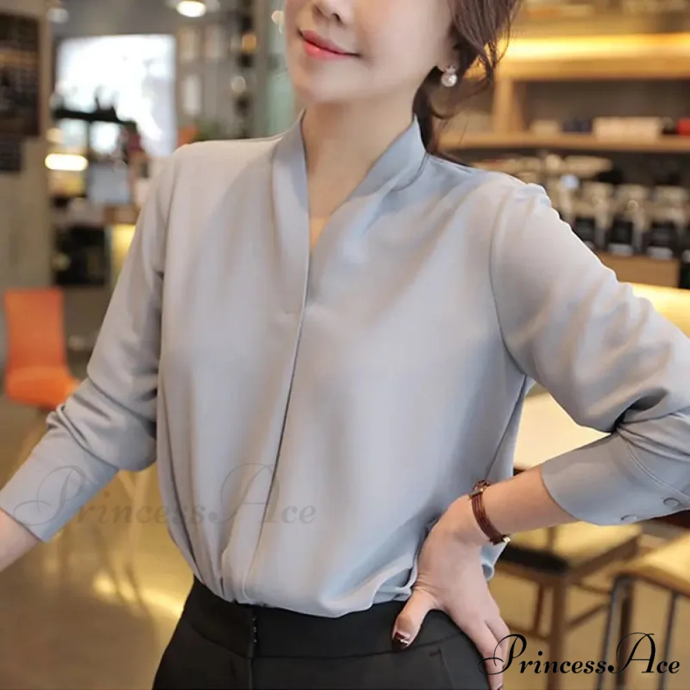 Korean Fashion V-neck Baggy Chiffon Work Blouse - Image 2