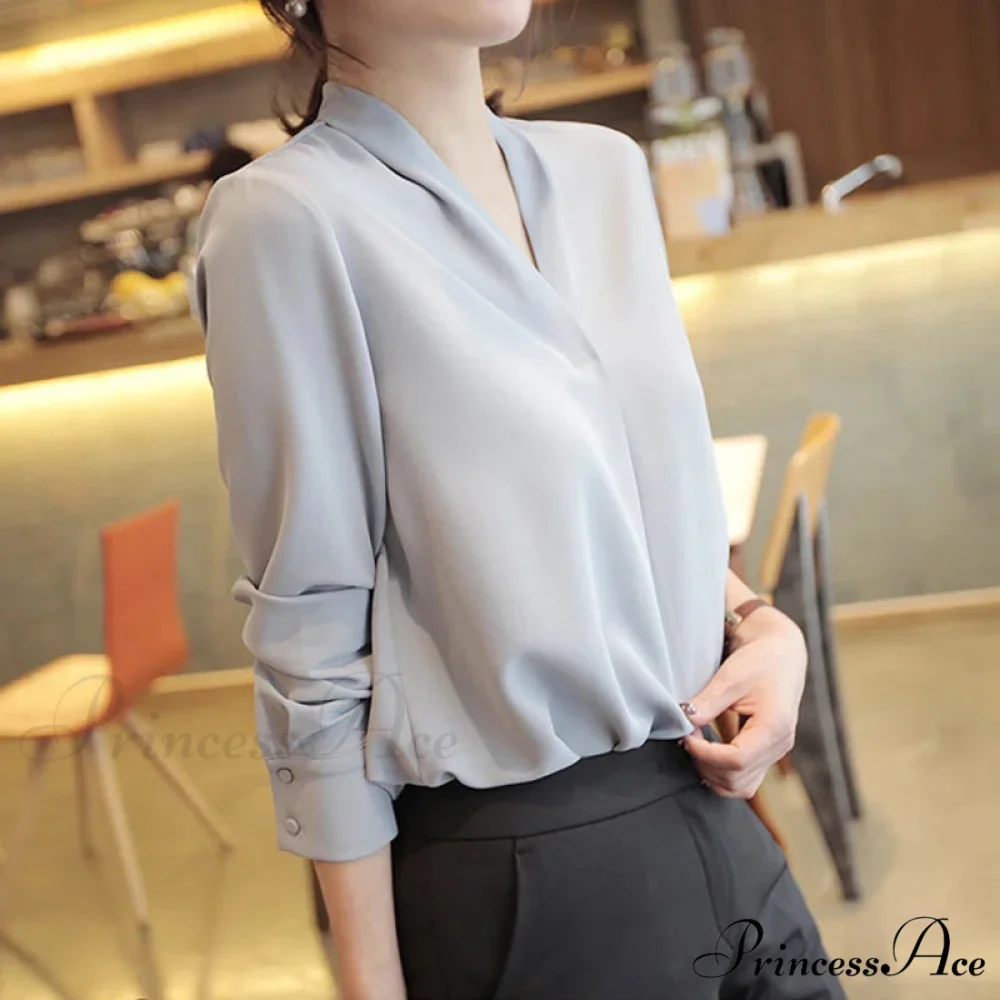 Korean Fashion V-neck Baggy Chiffon Work Blouse - Image 3