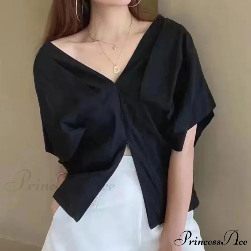 Korean Frill Design V-neck Short Sleeve Informal Blouse - Image 2