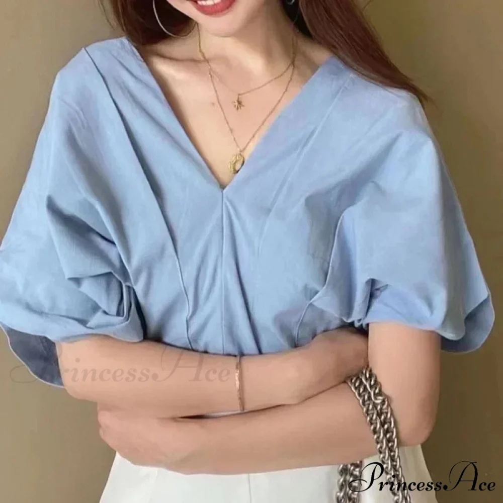 Korean Frill Design V-neck Short Sleeve Informal Blouse - Image 3