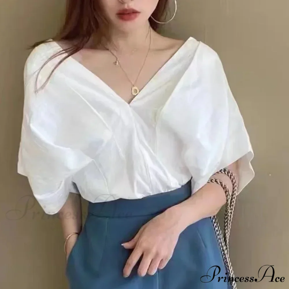Korean Frill Design V-neck Short Sleeve Informal Blouse - Image 4