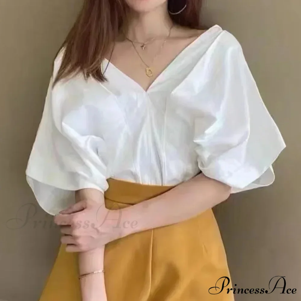 Korean Frill Design V-neck Short Sleeve Informal Blouse - Image 6