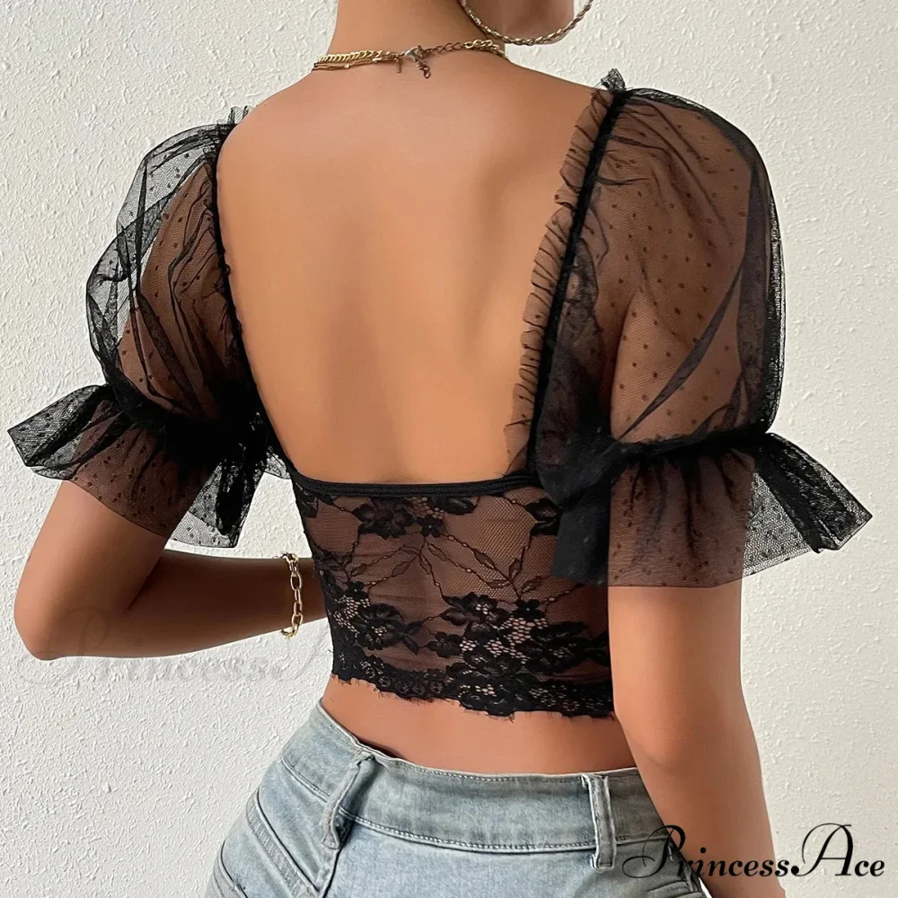 Korean Net Transparent Puff Sleeve Lace Crop Top - Image 2