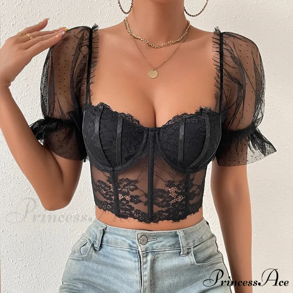 Korean Net Transparent Puff Sleeve Lace Crop Top - Image 3