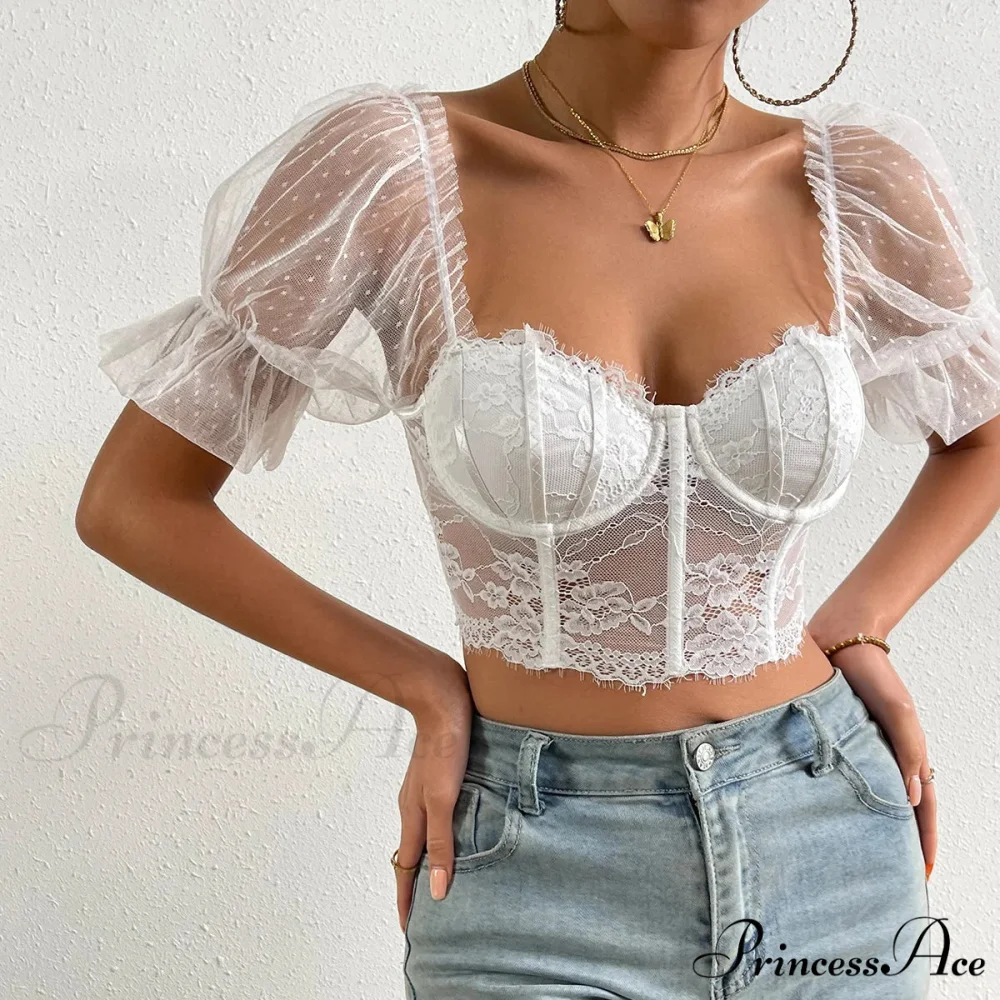 Korean Net Transparent Puff Sleeve Lace Crop Top - Image 4