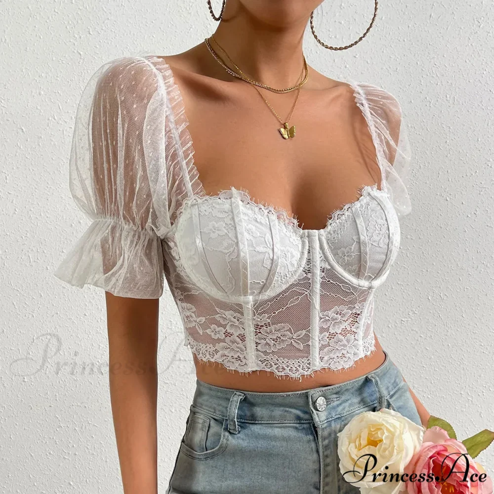 Korean Net Transparent Puff Sleeve Lace Crop Top - Image 5