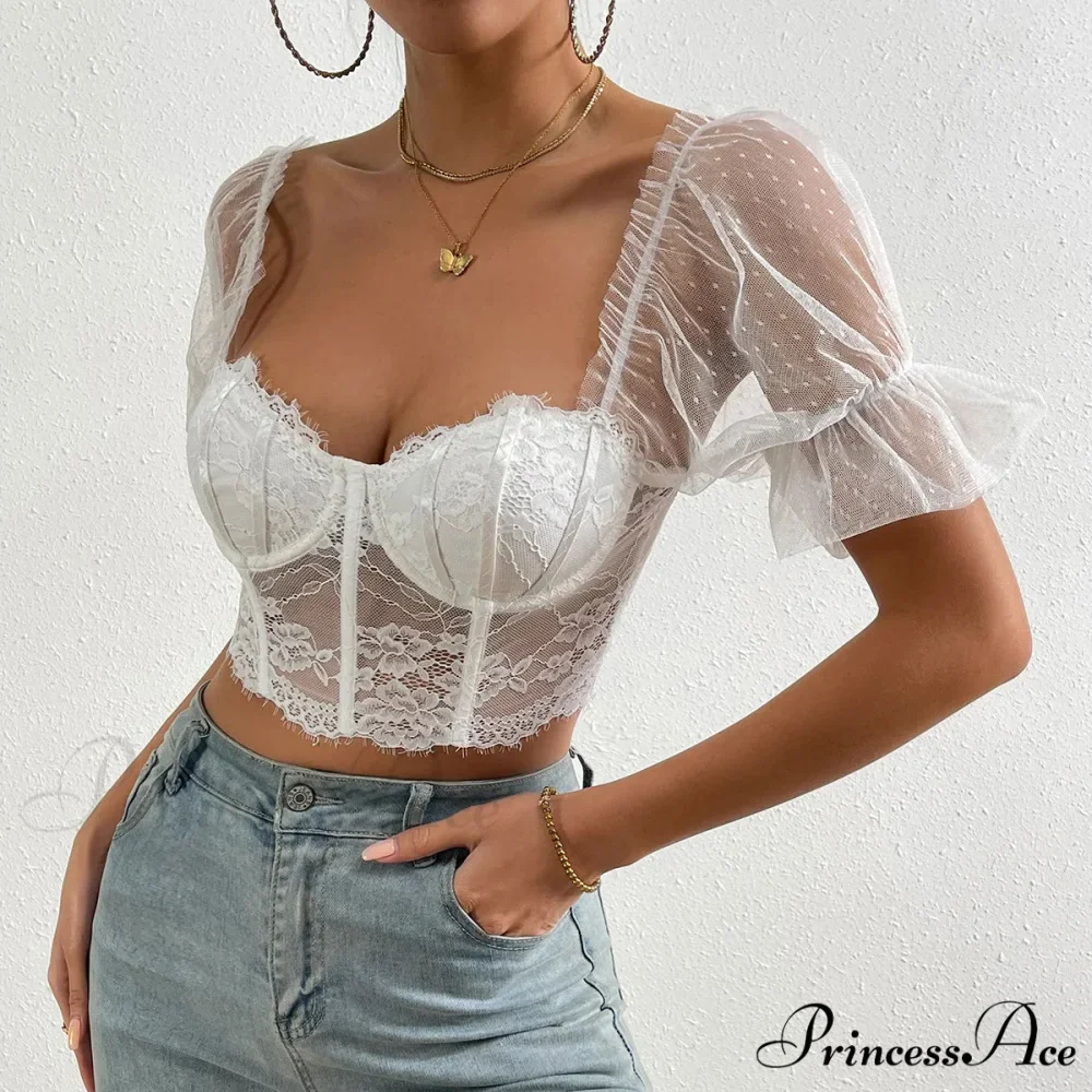 Korean Net Transparent Puff Sleeve Lace Crop Top - Image 6