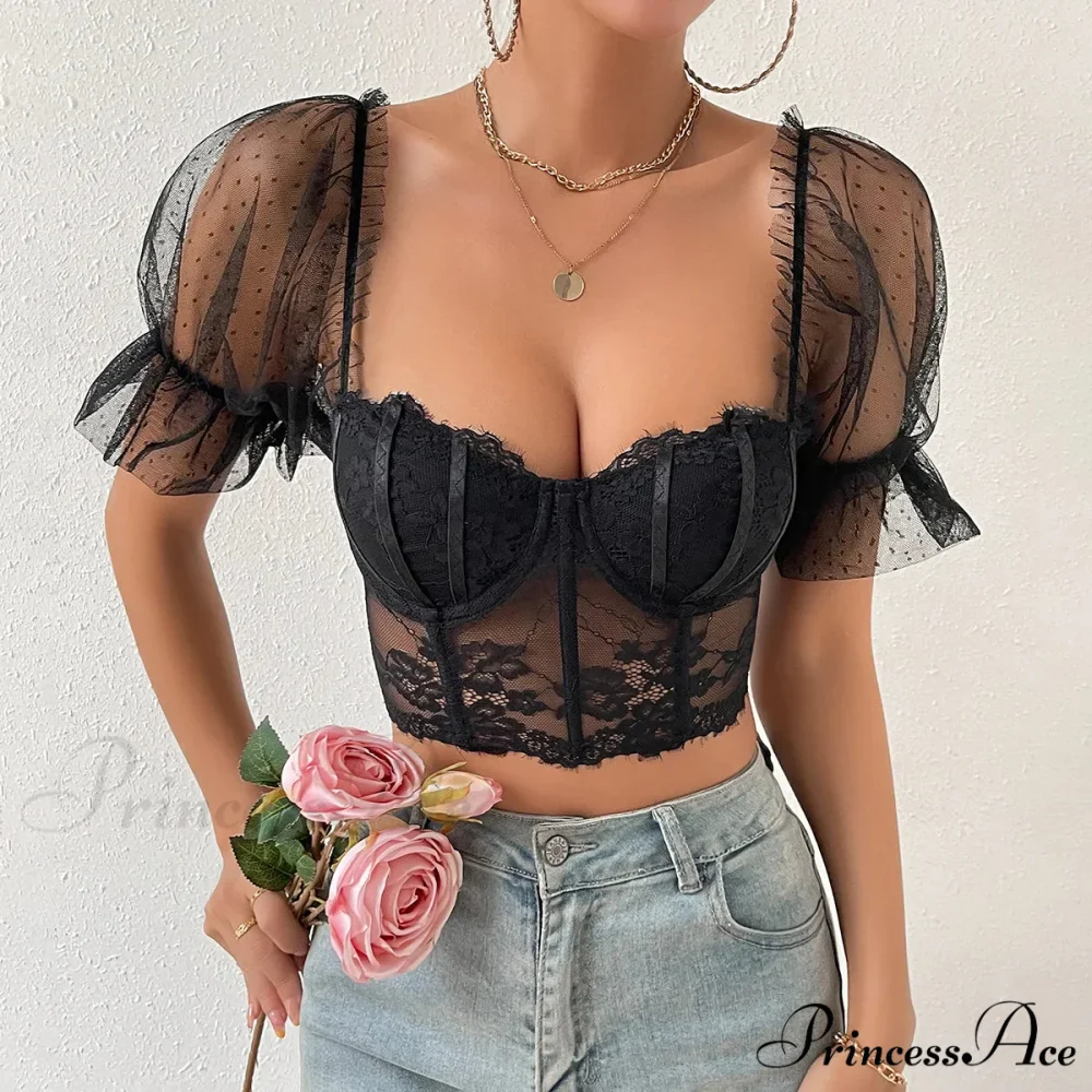 Korean Net Transparent Puff Sleeve Lace Crop Top - Image 7