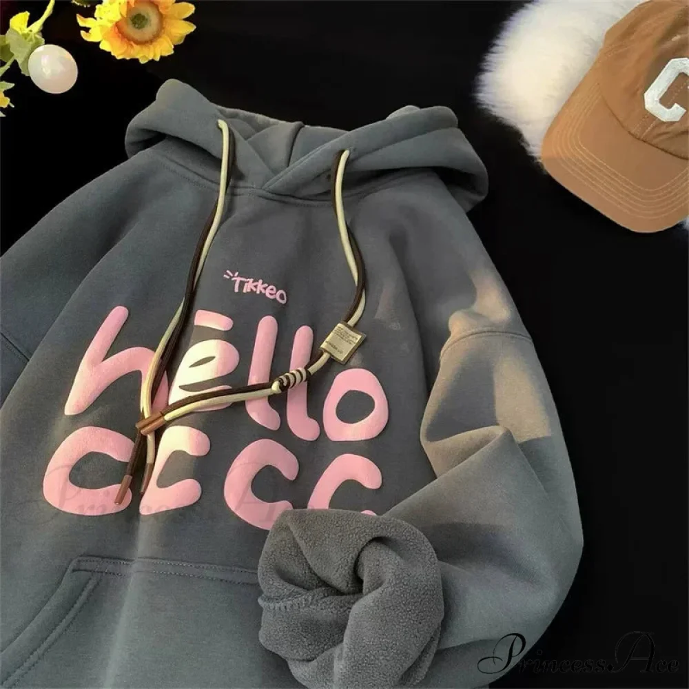 Korean Style Letter Printed Fleece Hoodie - Image 2