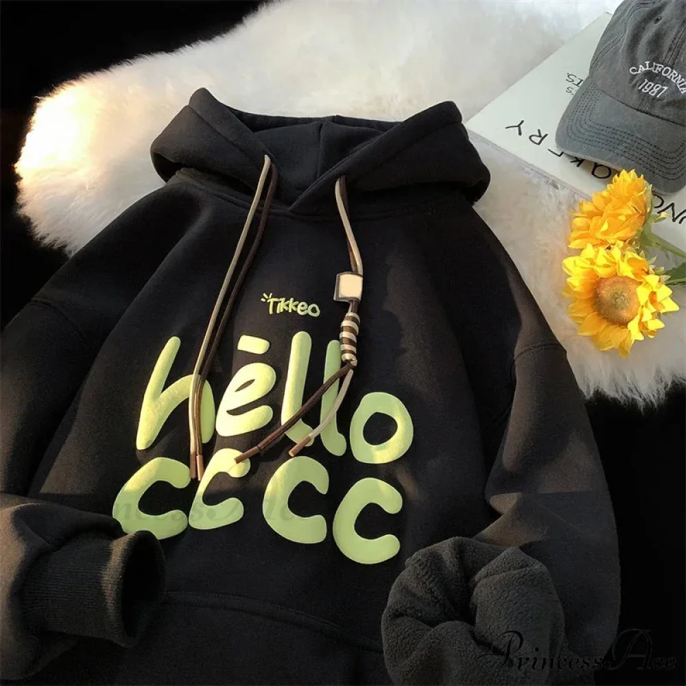 Korean Style Letter Printed Fleece Hoodie - Image 6