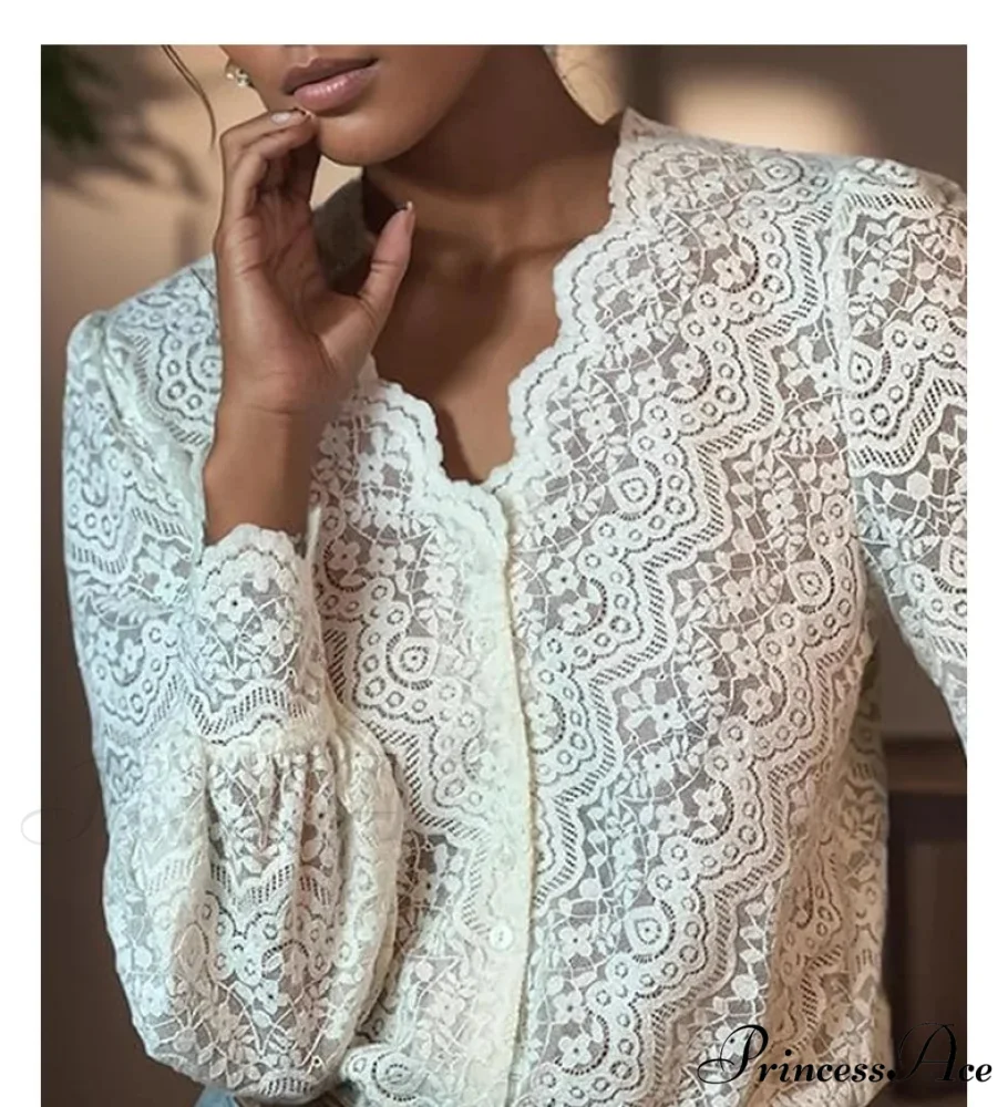 Lace Deep-Neck Floral Classic Long Sleeve Boho Blouse - Image 2