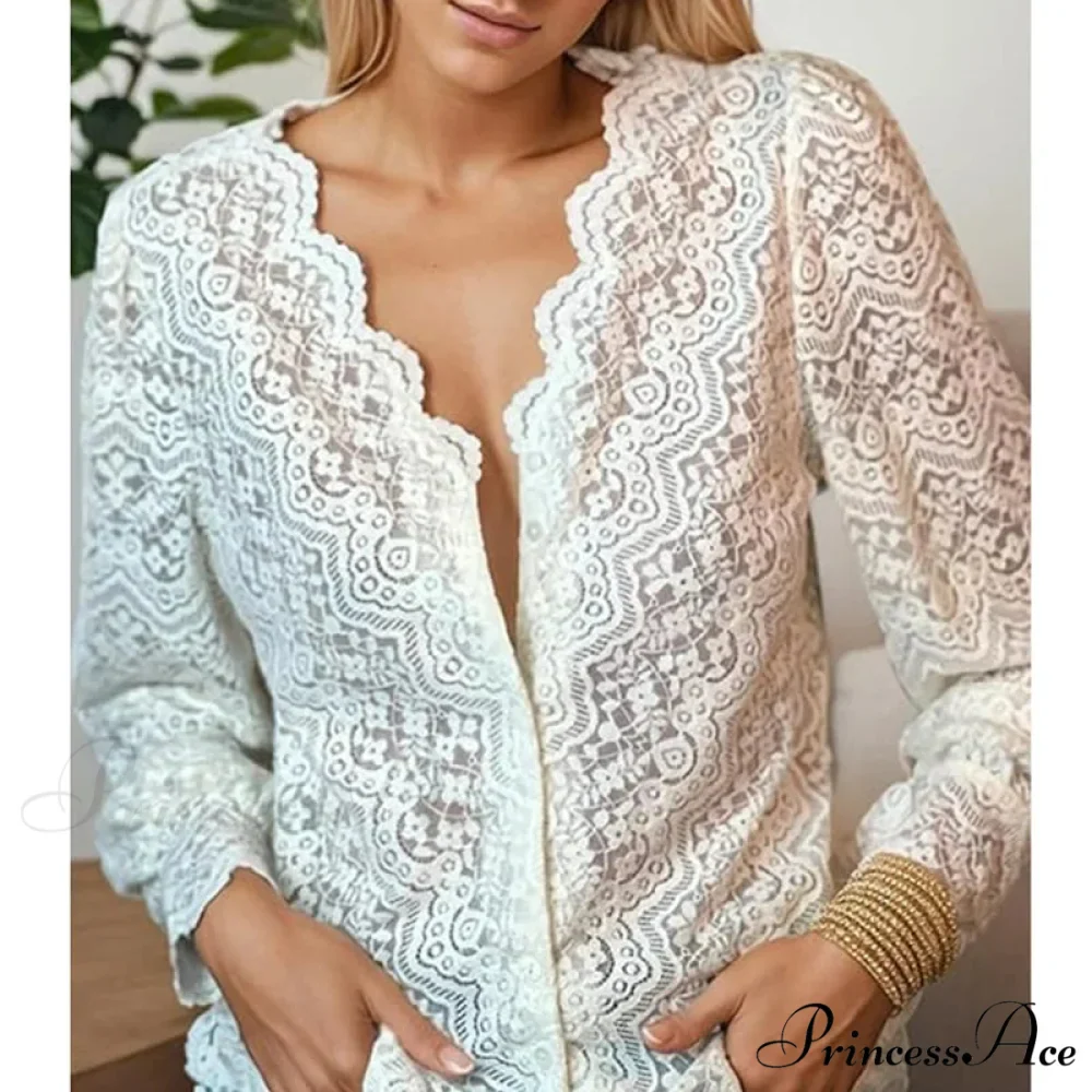 Lace Deep-Neck Floral Classic Long Sleeve Boho Blouse - Image 3