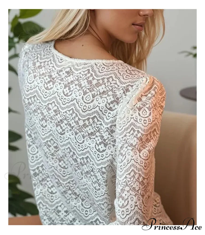 Lace Deep-Neck Floral Classic Long Sleeve Boho Blouse - Image 4