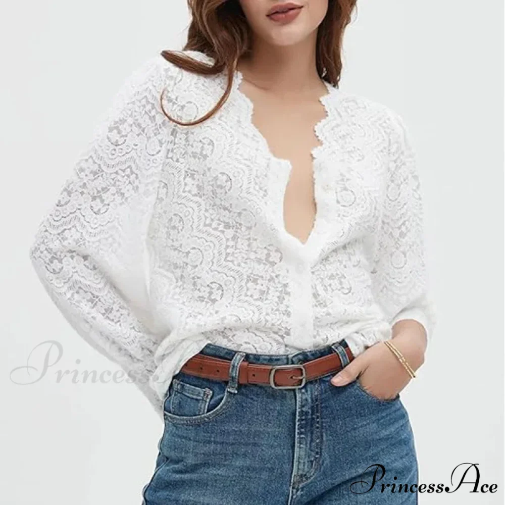 Lace Deep-Neck Floral Classic Long Sleeve Boho Blouse - Image 5