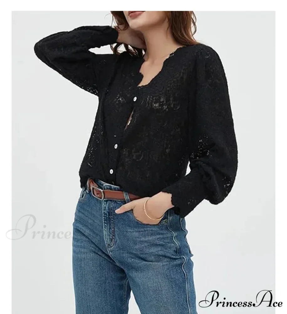 Lace Deep-Neck Floral Classic Long Sleeve Boho Blouse - Image 6