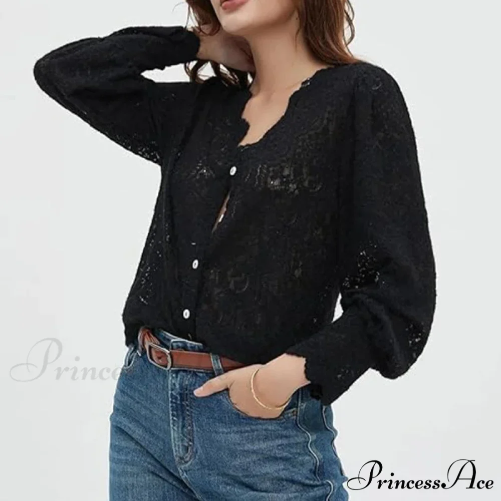 Lace Deep-Neck Floral Classic Long Sleeve Boho Blouse - Image 7