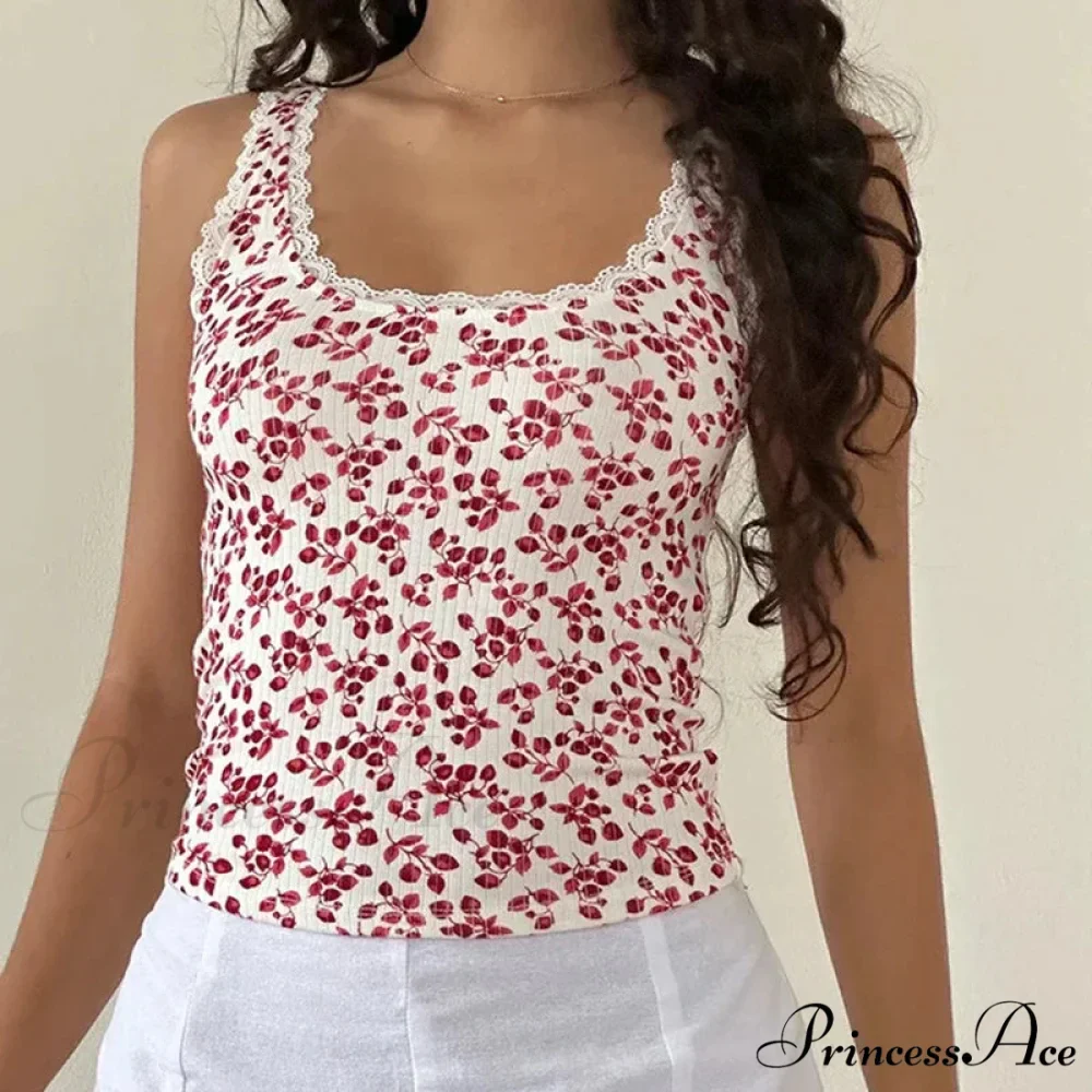 Lace Edging Trim Tight Fit Millennium Summer Flower Sleeveless Informal Fundamental Crop Top - Image 2