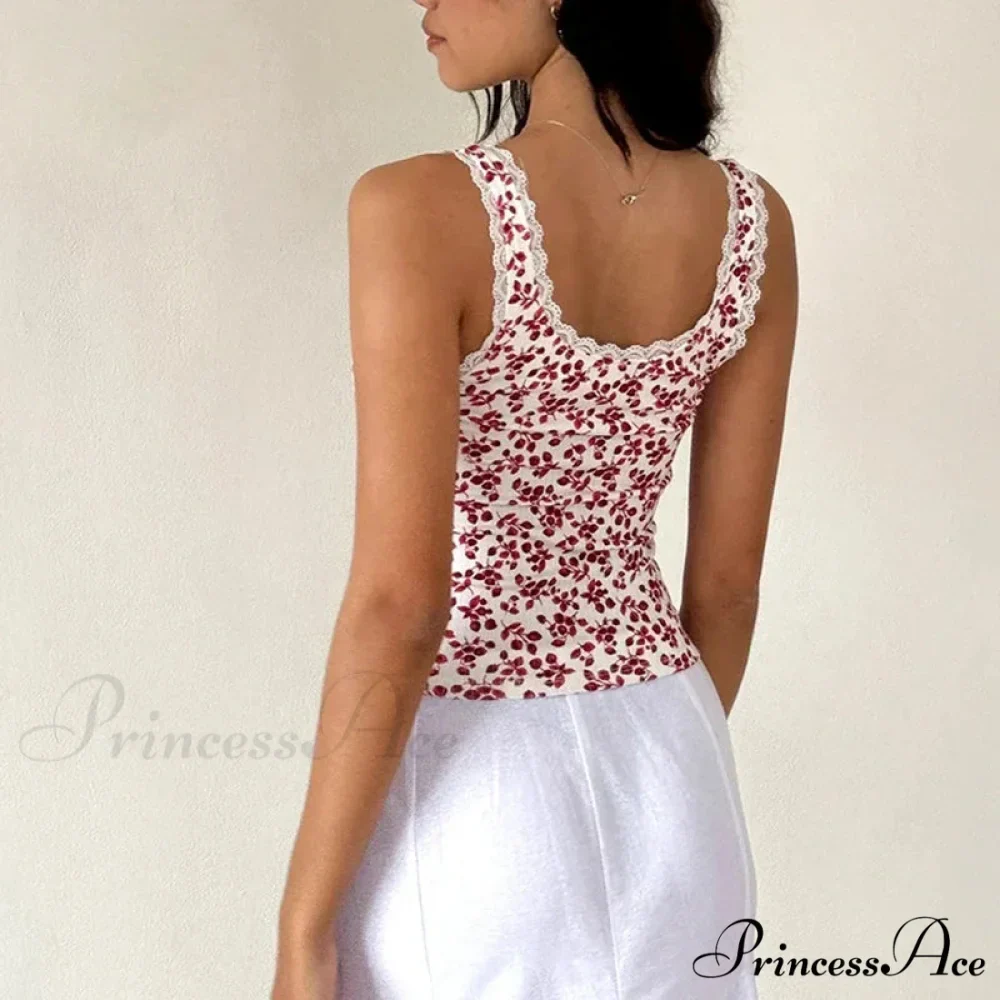 Lace Edging Trim Tight Fit Millennium Summer Flower Sleeveless Informal Fundamental Crop Top - Image 3