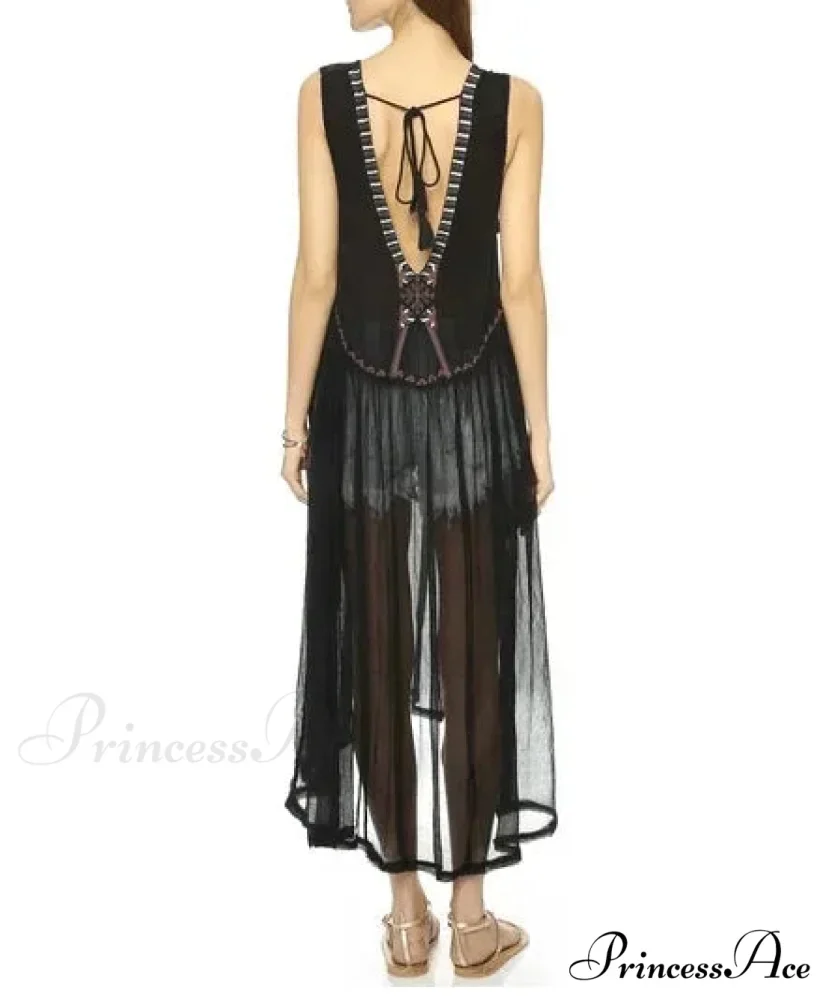 Lace Flounce Sleeve Fringe Hollow Maxi Boho Dress - Image 6