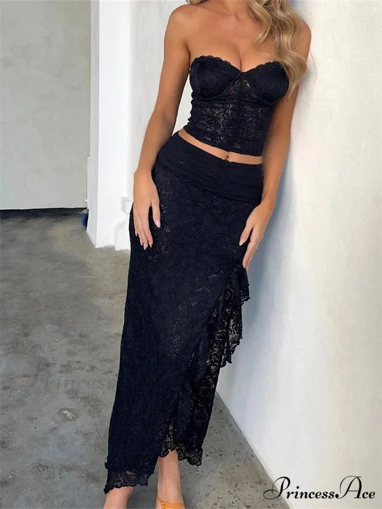 Lace Flowery Bustiers Crop Top Tall Split Long Skirt Set - Image 4