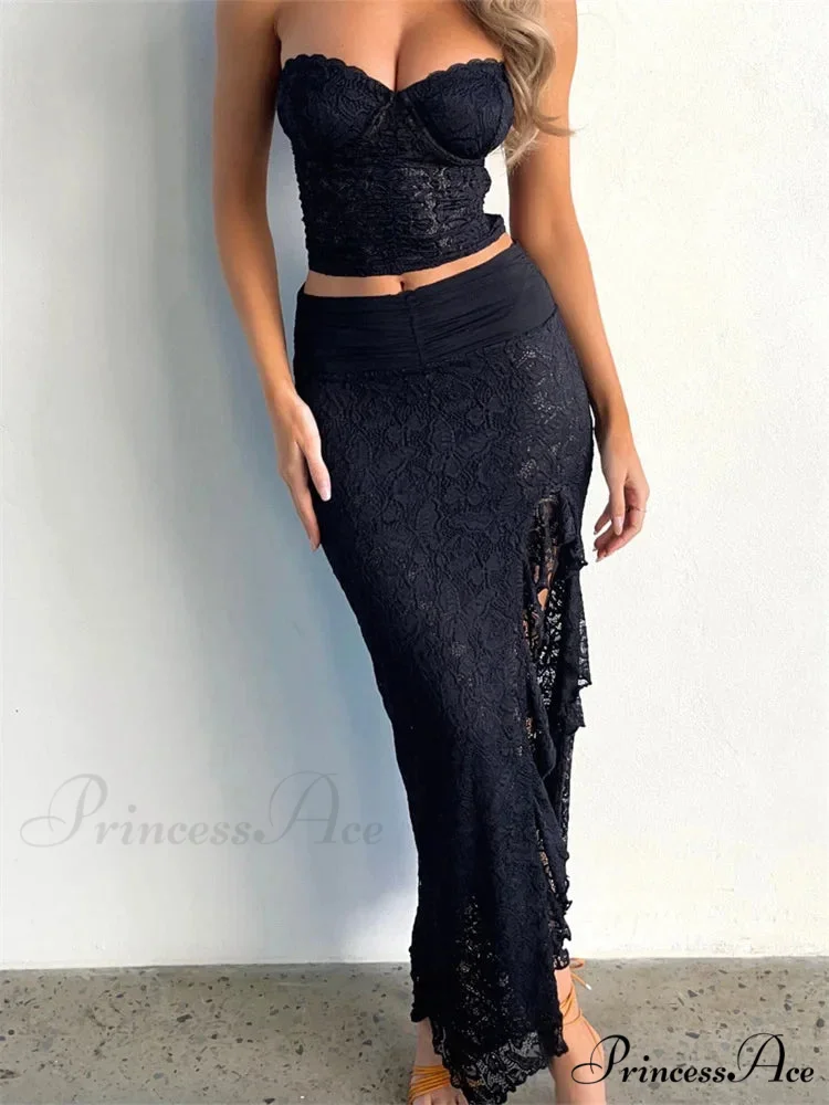 Lace Flowery Bustiers Crop Top Tall Split Long Skirt Set - Image 6