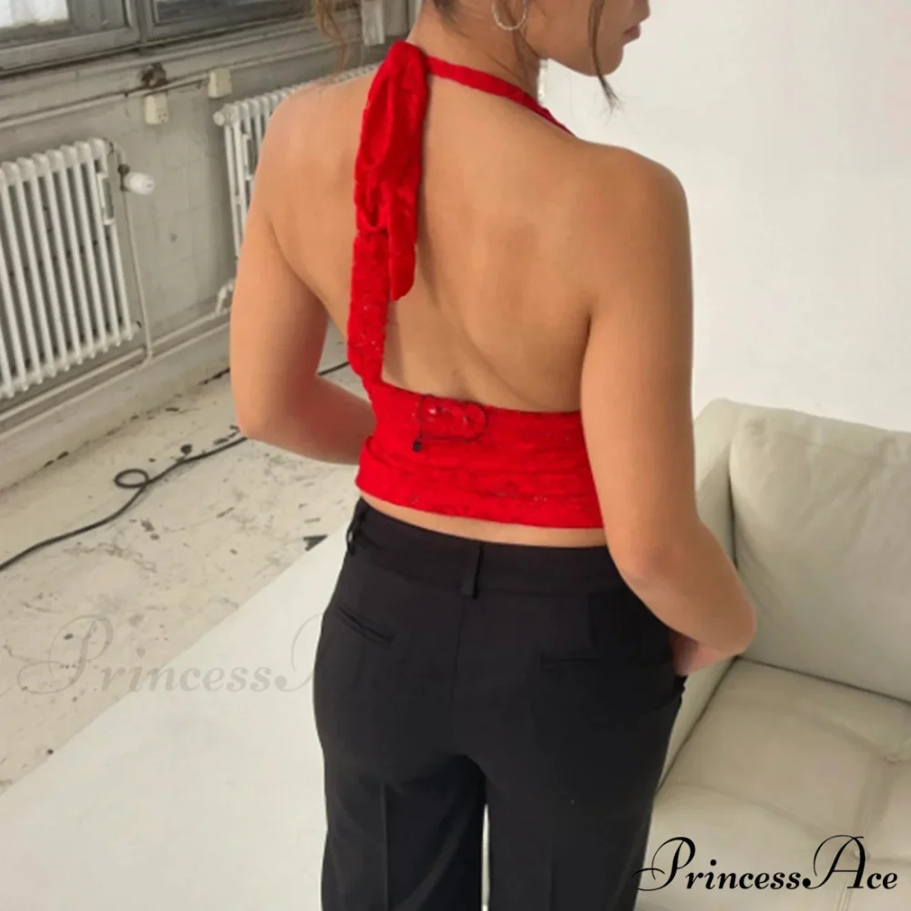 Lace Halter Open-Back Crop Top - Image 2
