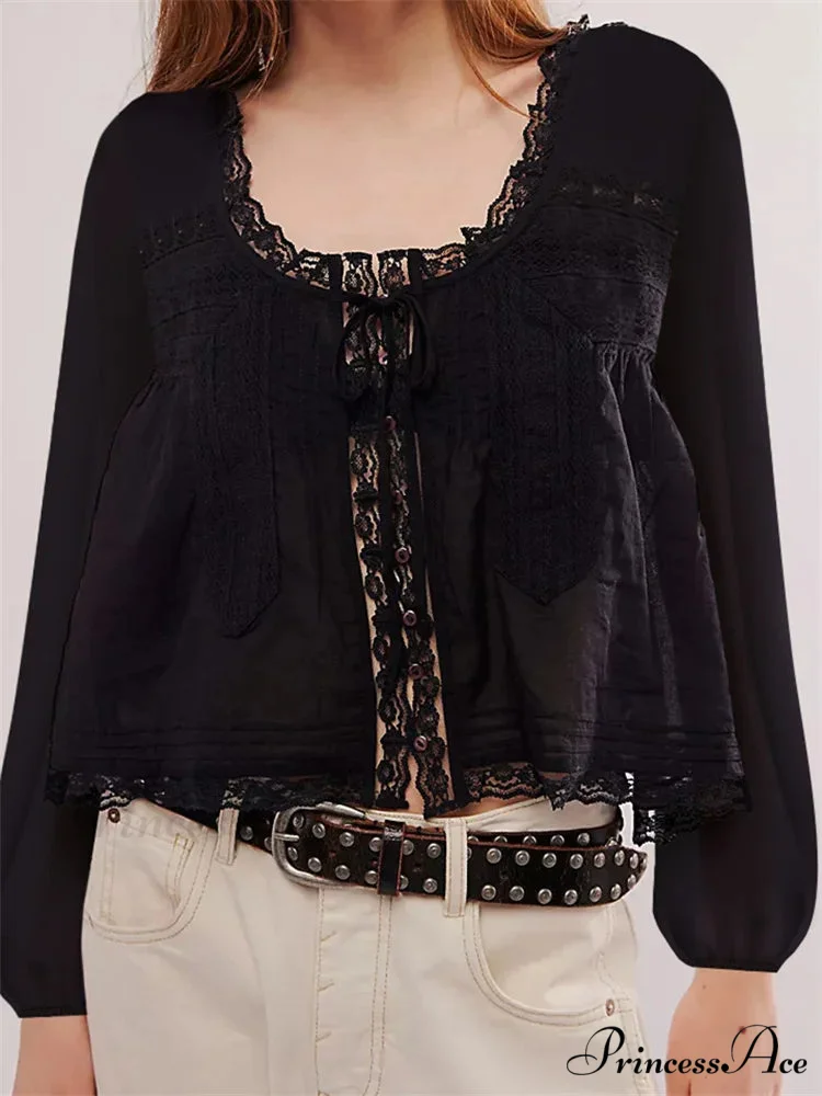 Lace Patchwork Button Fasten-Up Blouse - Image 3
