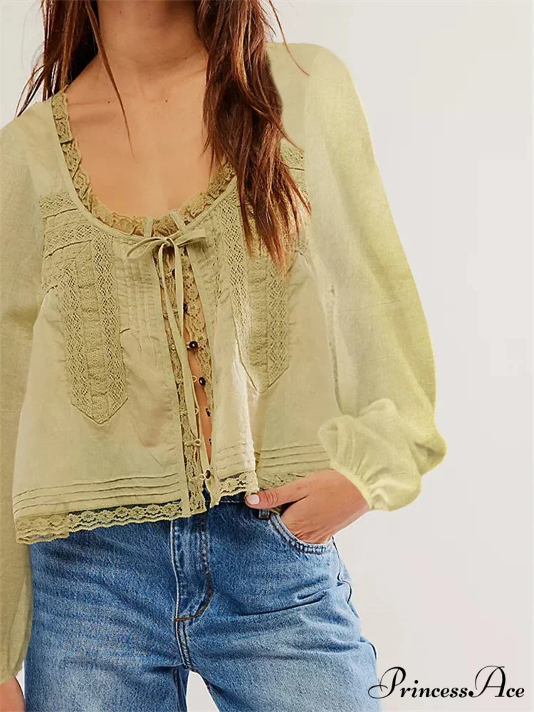 Lace Patchwork Button Fasten-Up Blouse - Image 4