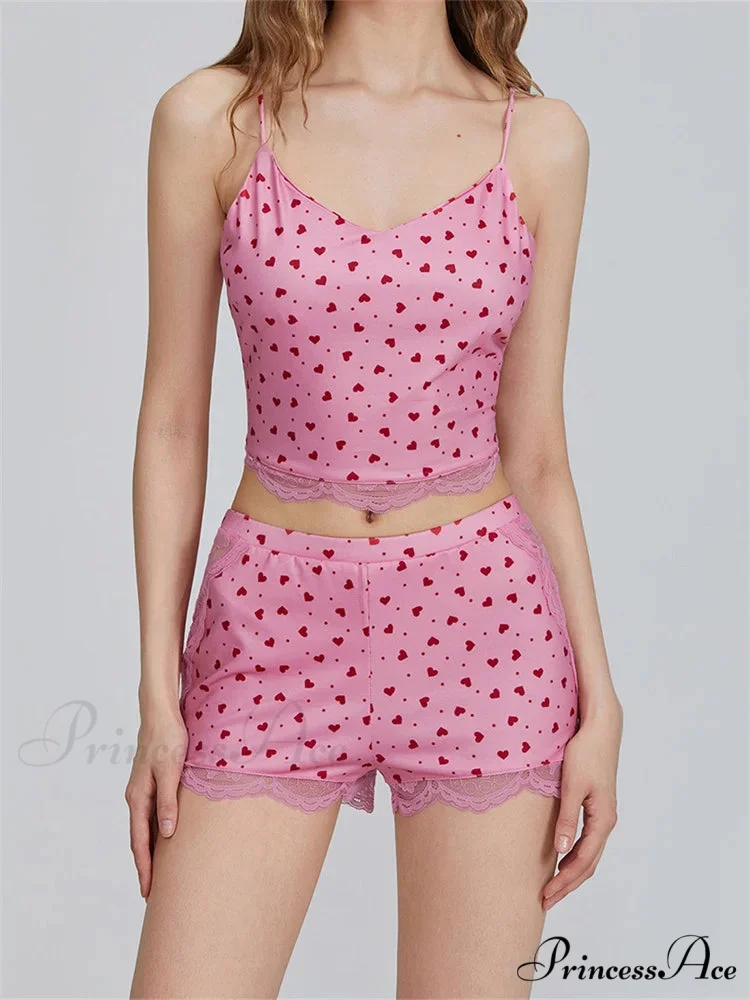 Lace Patchwork Heart Print Camis Crop Top with Informal Shorts Pajama Set - Image 2
