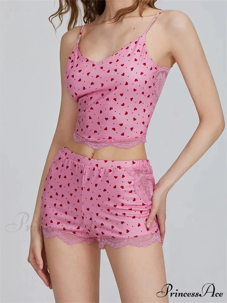 Lace Patchwork Heart Print Camis Crop Top with Informal Shorts Pajama Set - Image 3