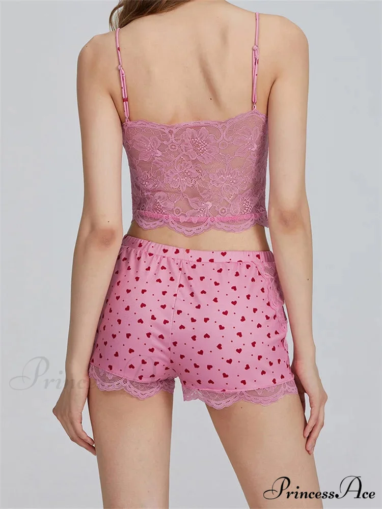 Lace Patchwork Heart Print Camis Crop Top with Informal Shorts Pajama Set - Image 4