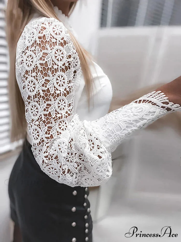 Lace Patchwork Hollow Out Button-Up Professional Blouse - Image 3