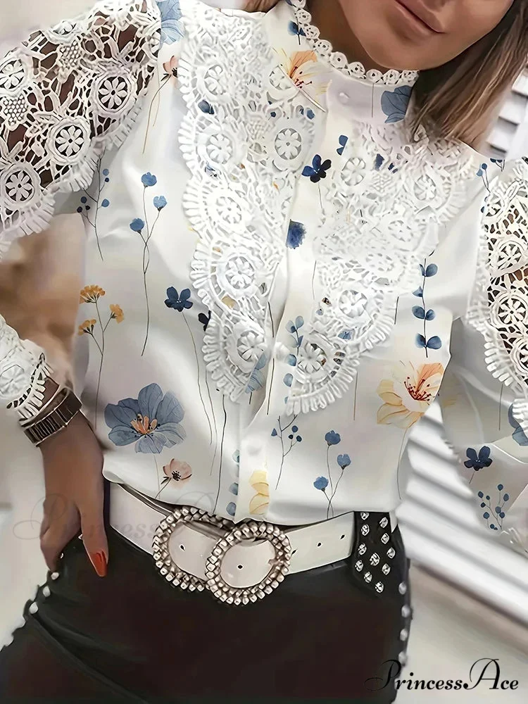 Lace Patchwork Hollow Out Button-Up Professional Blouse - Image 4