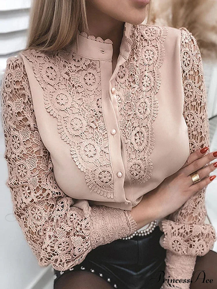 Lace Patchwork Hollow Out Button-Up Professional Blouse - Image 7